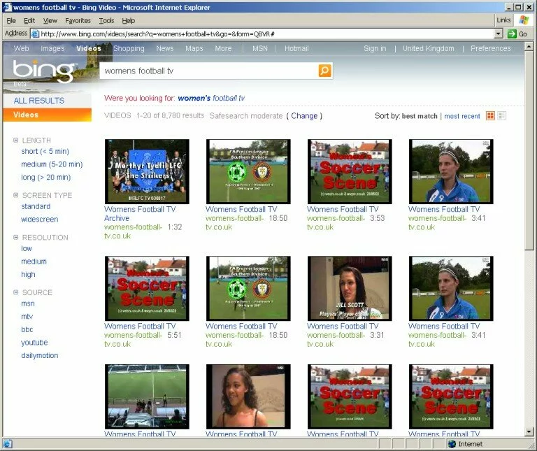 Bing Search for Women's Football TV