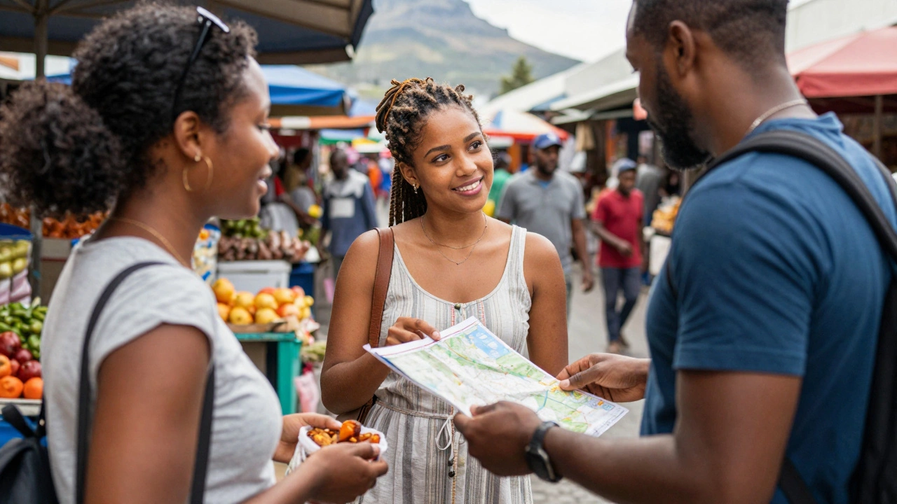 A local woman in a market sharing a map with a foreign visitor, both engaged in a genuine, non-transactional moment.