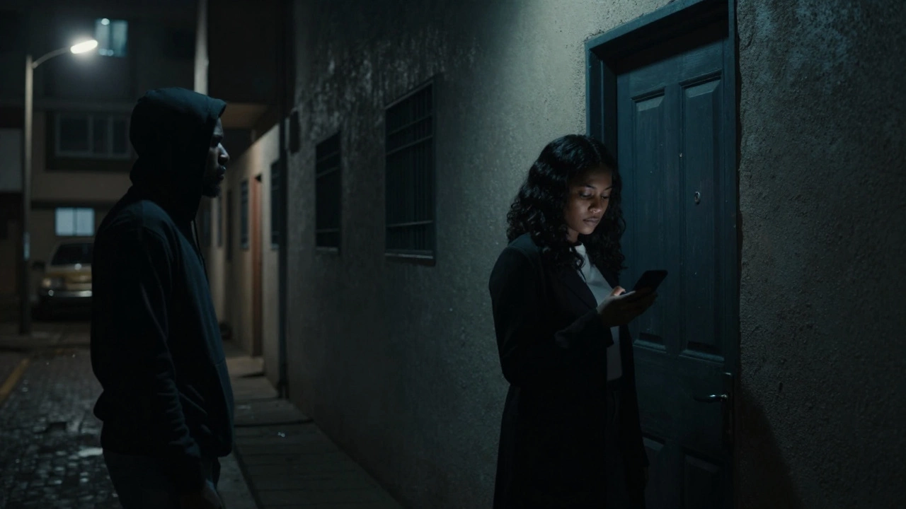 A woman in a dim alley hesitating at a doorway, a shadowy figure watching from behind, conveying unease and risk.