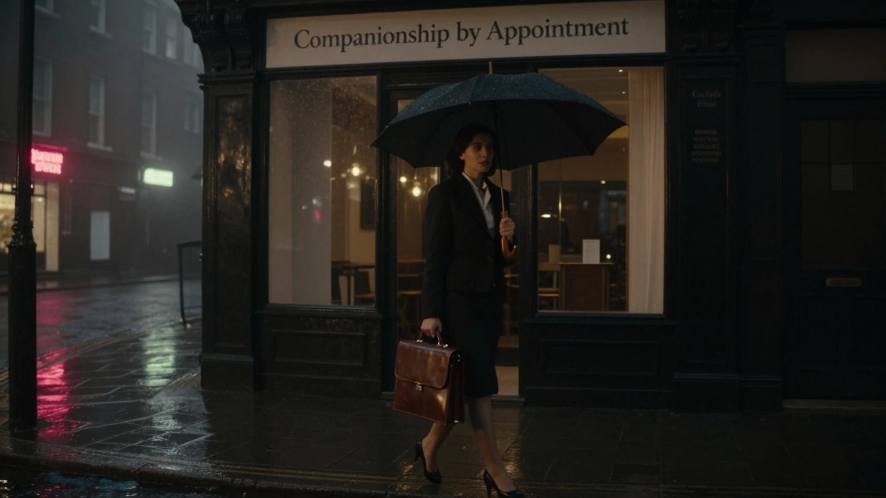 A woman walks alone through a rainy London street at night, heading toward a discreet companionship service.