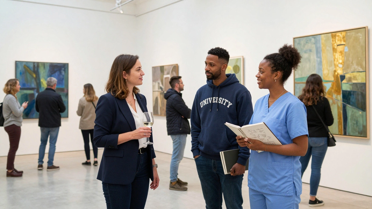 Three diverse London professionals meeting in a sunlit art gallery, exuding mutual respect and calm connection.